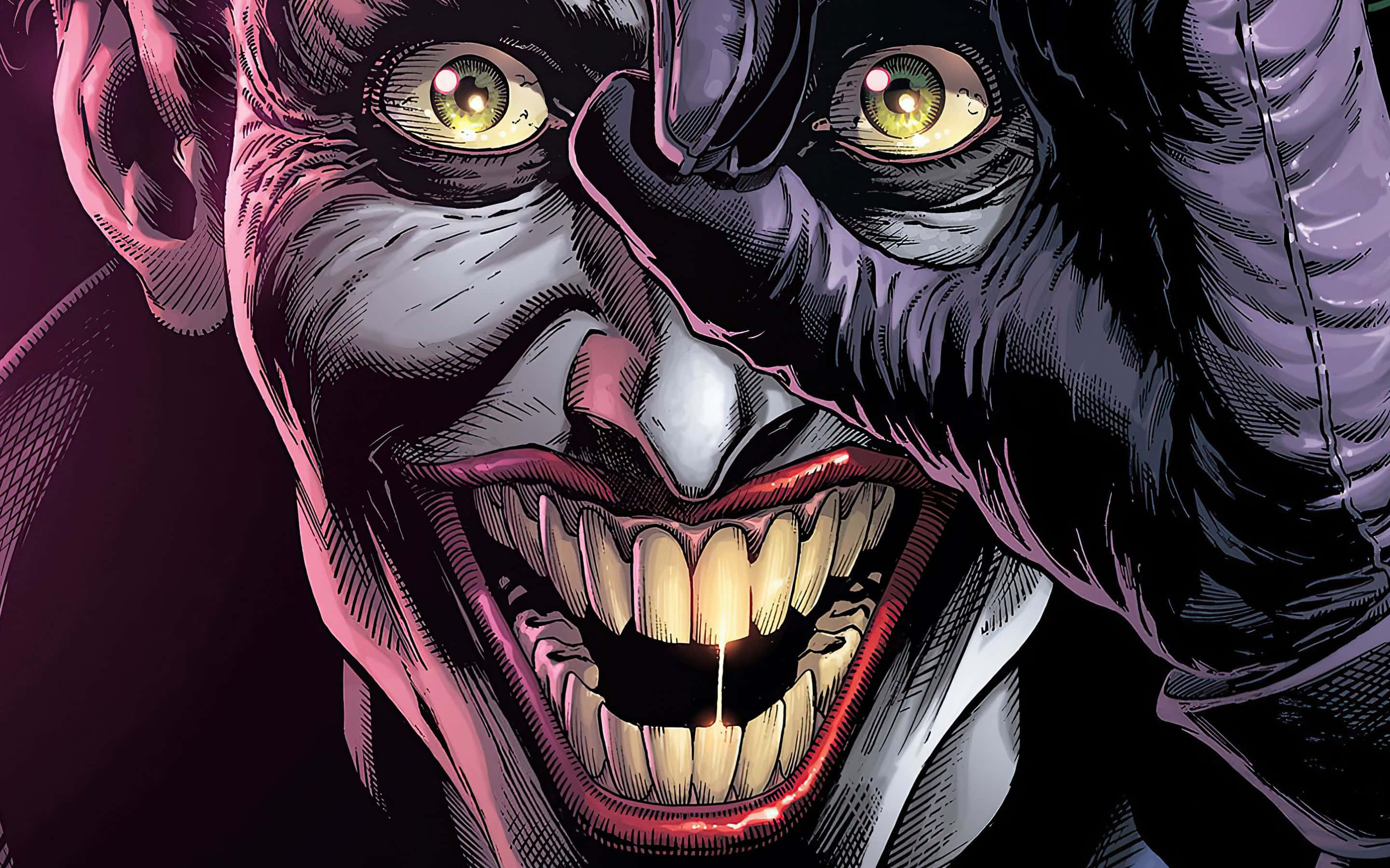 Dangerous Joker, glowing yellow eyes, sharp teeth, 2K Desktop Wallpaper
