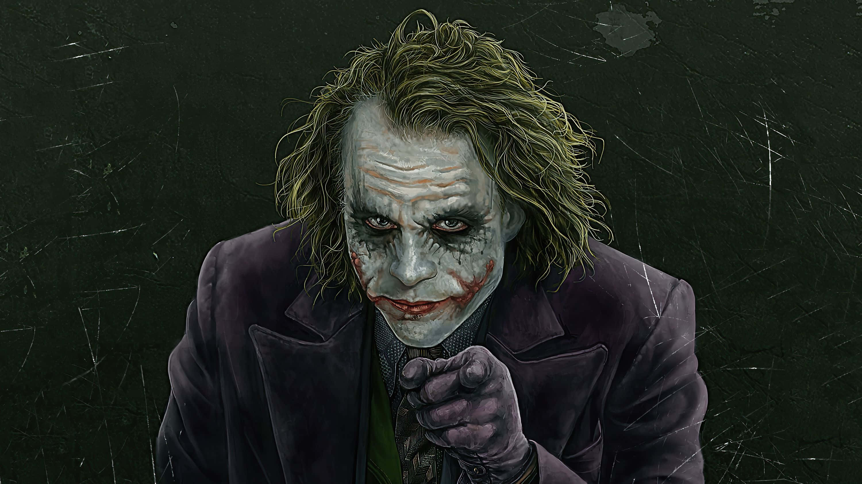 Joker, purple coat, scratched dark green wall, 2K Desktop Wallpaper