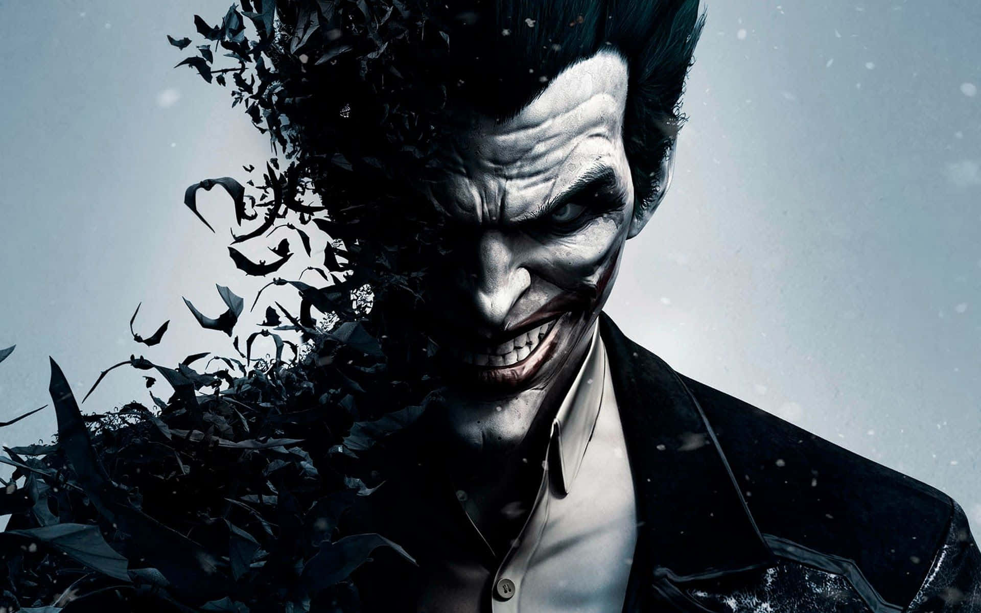 Dangerous Joker, half his face dissolving into dark feathers, pale sky, Full HD Desktop Wallpaper