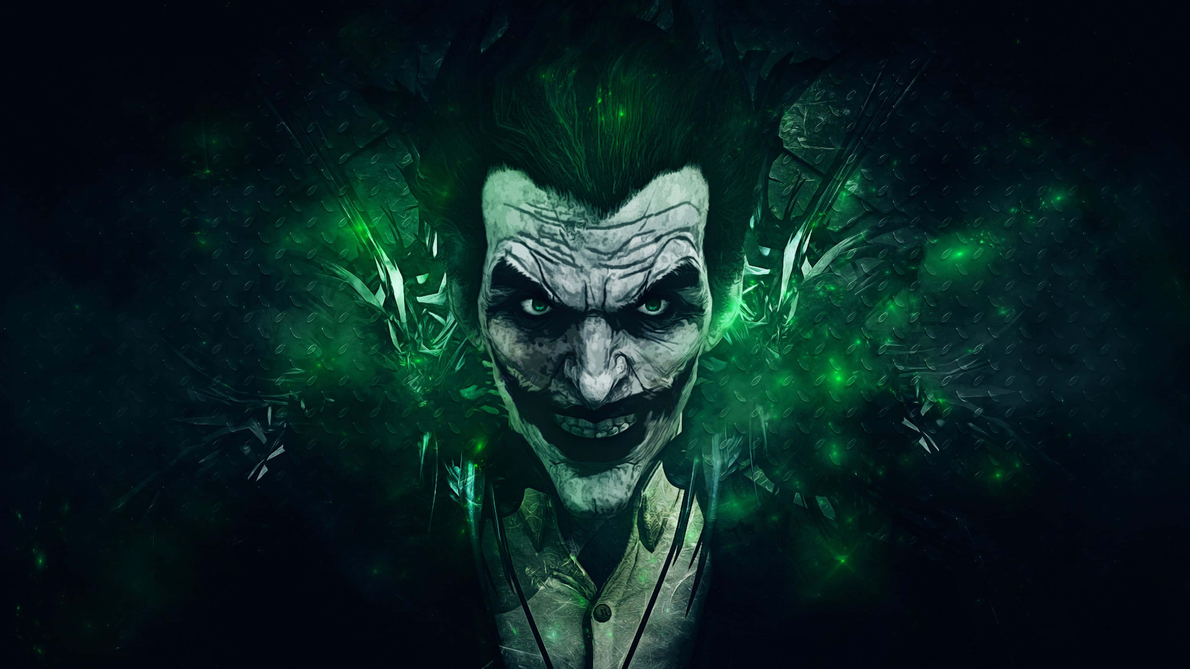 Joker, green glowing eyes, chaotic green energy bursts, 4K Desktop Wallpaper