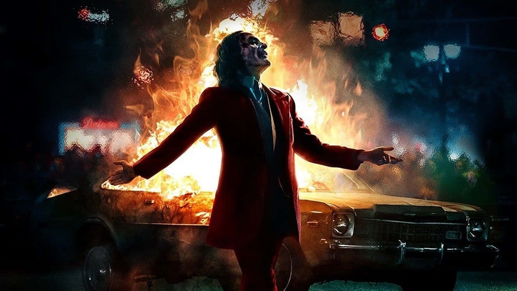 Dangerous Joker, red suit, burning car, HD Desktop Wallpaper