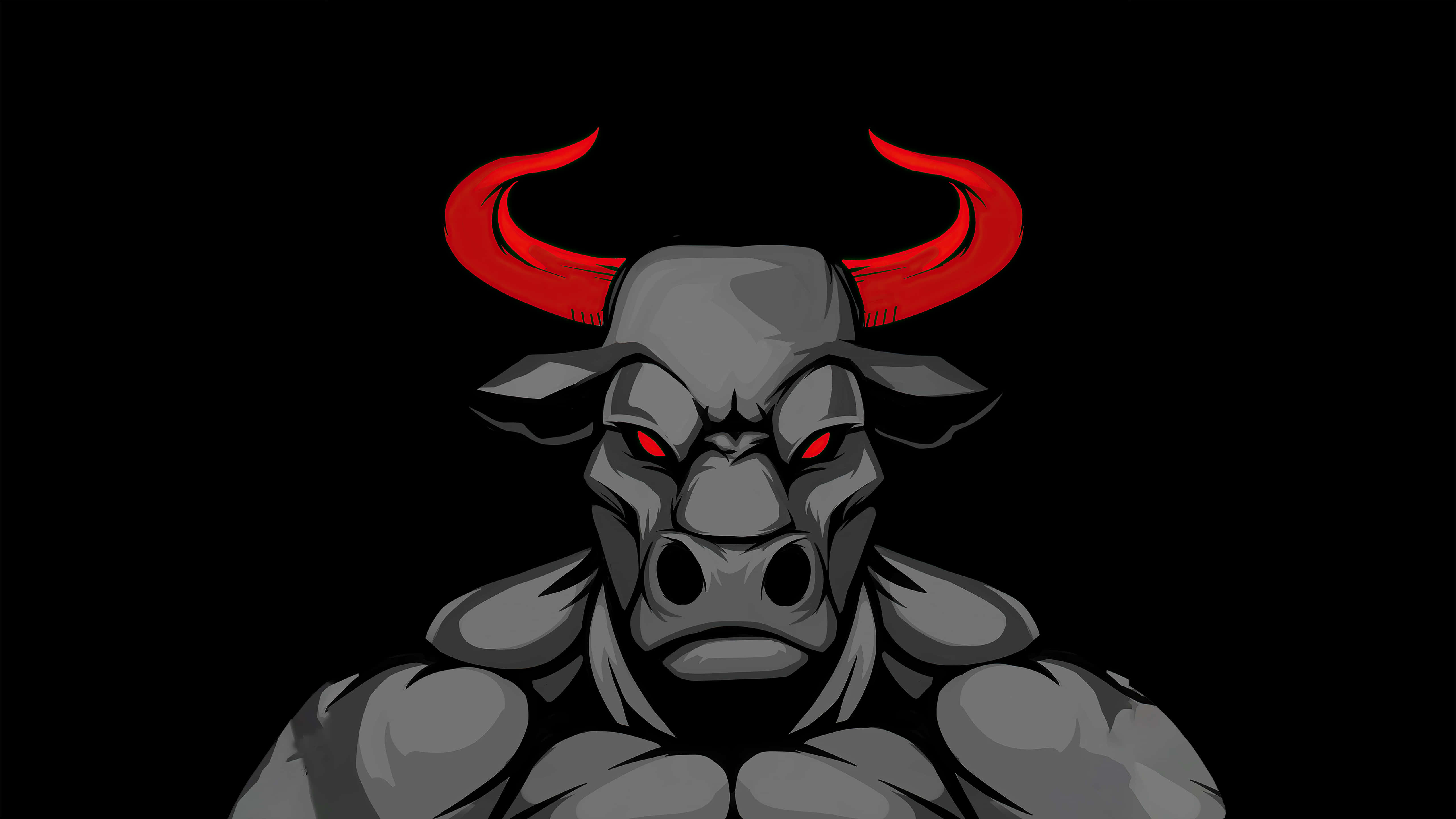 intimidating red horned bull, glowing red eyes, curved red horns, 5K Desktop Wallpaper