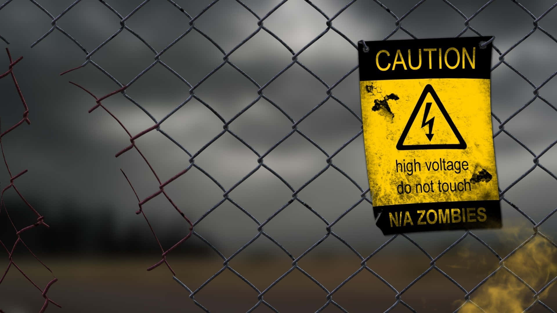 high voltage warning sign, zombie area, chain-link fence, Full HD Desktop Wallpaper
