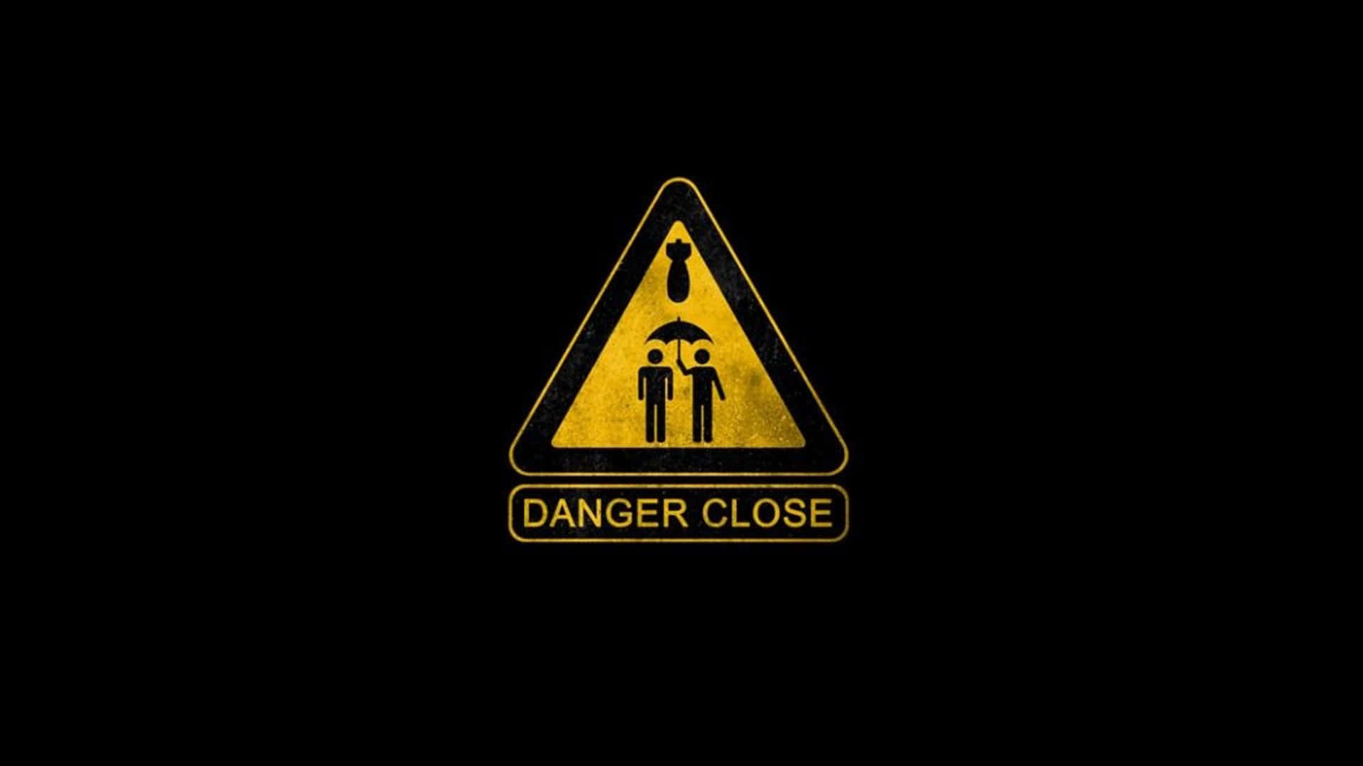 Danger Close Warning Sign, yellow triangular warning sign, two figures under an umbrella, Full HD Desktop Wallpaper