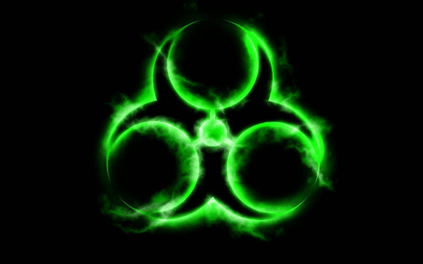 glowing green biohazard symbol, black background, smoky wisps, HD Desktop Wallpaper