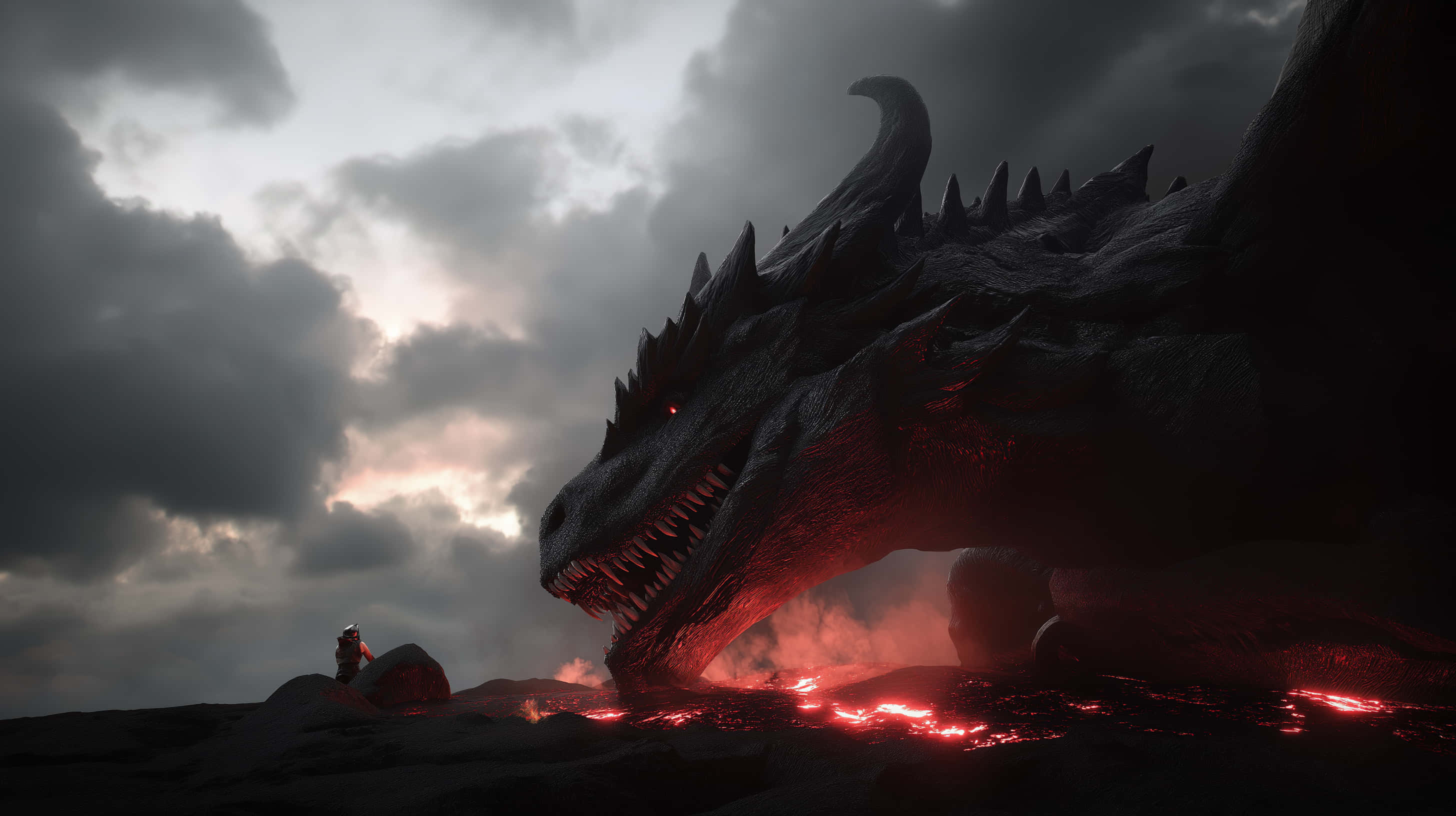 black dragon, volcanic lair, stormy skies, 2K Desktop Wallpaper