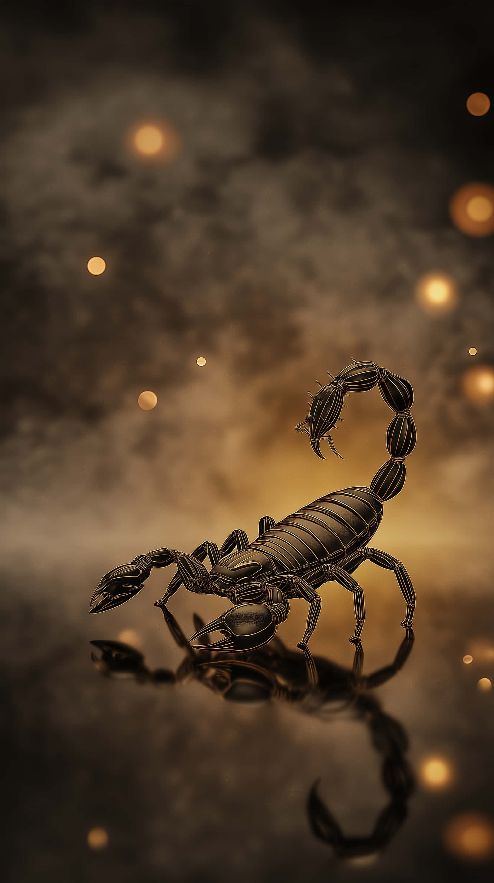 glossy black scorpion, reflective surface, smoky golden backdrop, 2K Phone Wallpaper