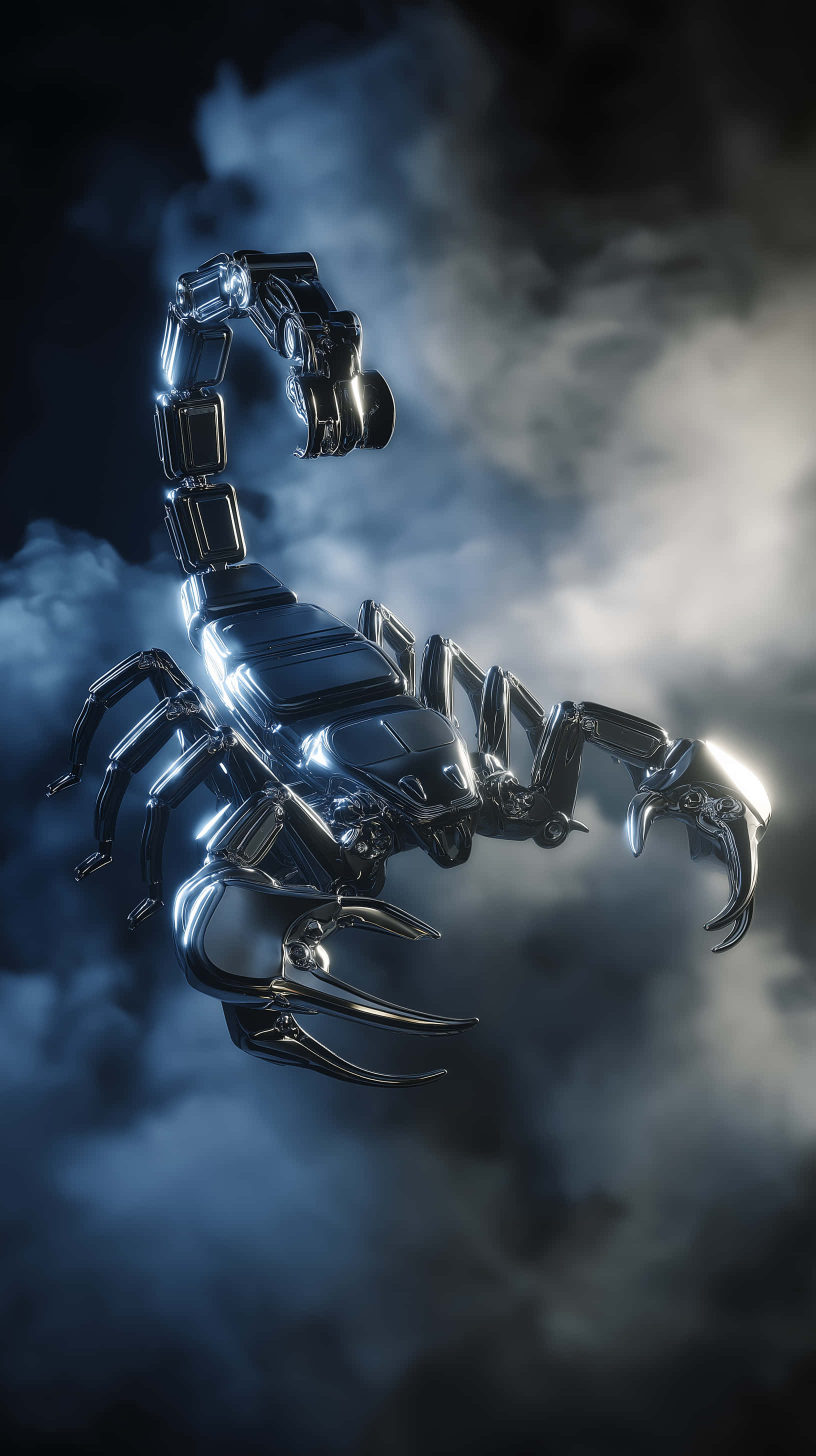chrome scorpion, smokey setting, glowing blue highlights, 2K Phone Wallpaper