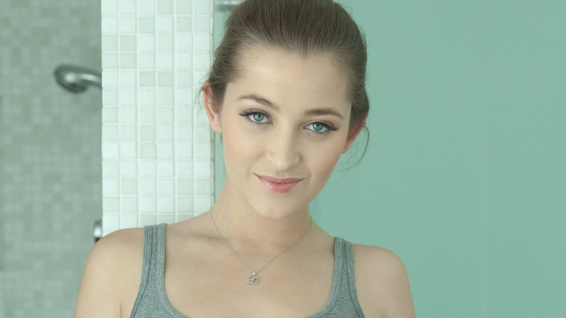 Dani Daniels, blue eyes, hair in a bun, Full HD Desktop Wallpaper
