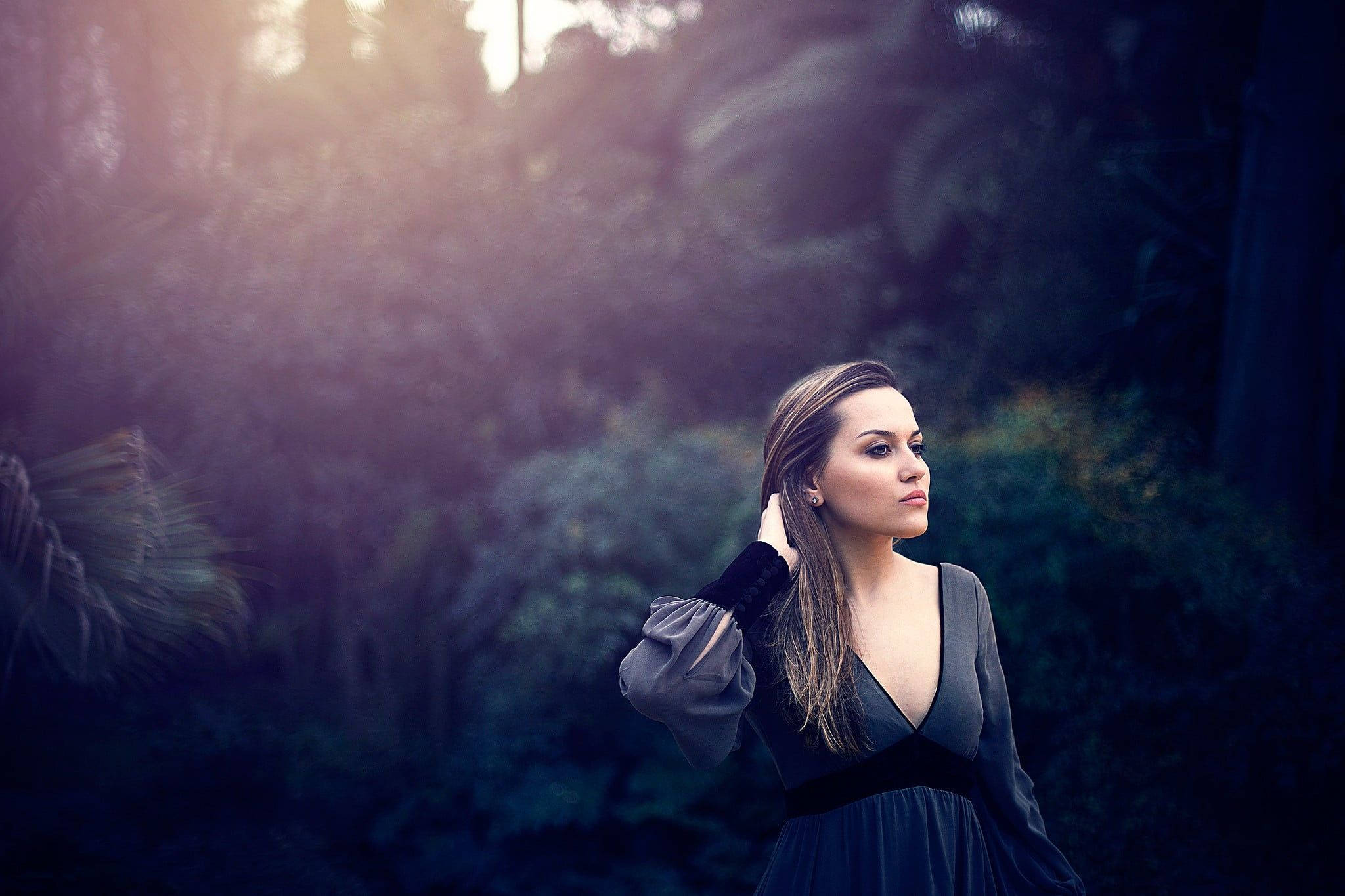Dani Daniels, dark dress, sunlit forest, Full HD Desktop Wallpaper