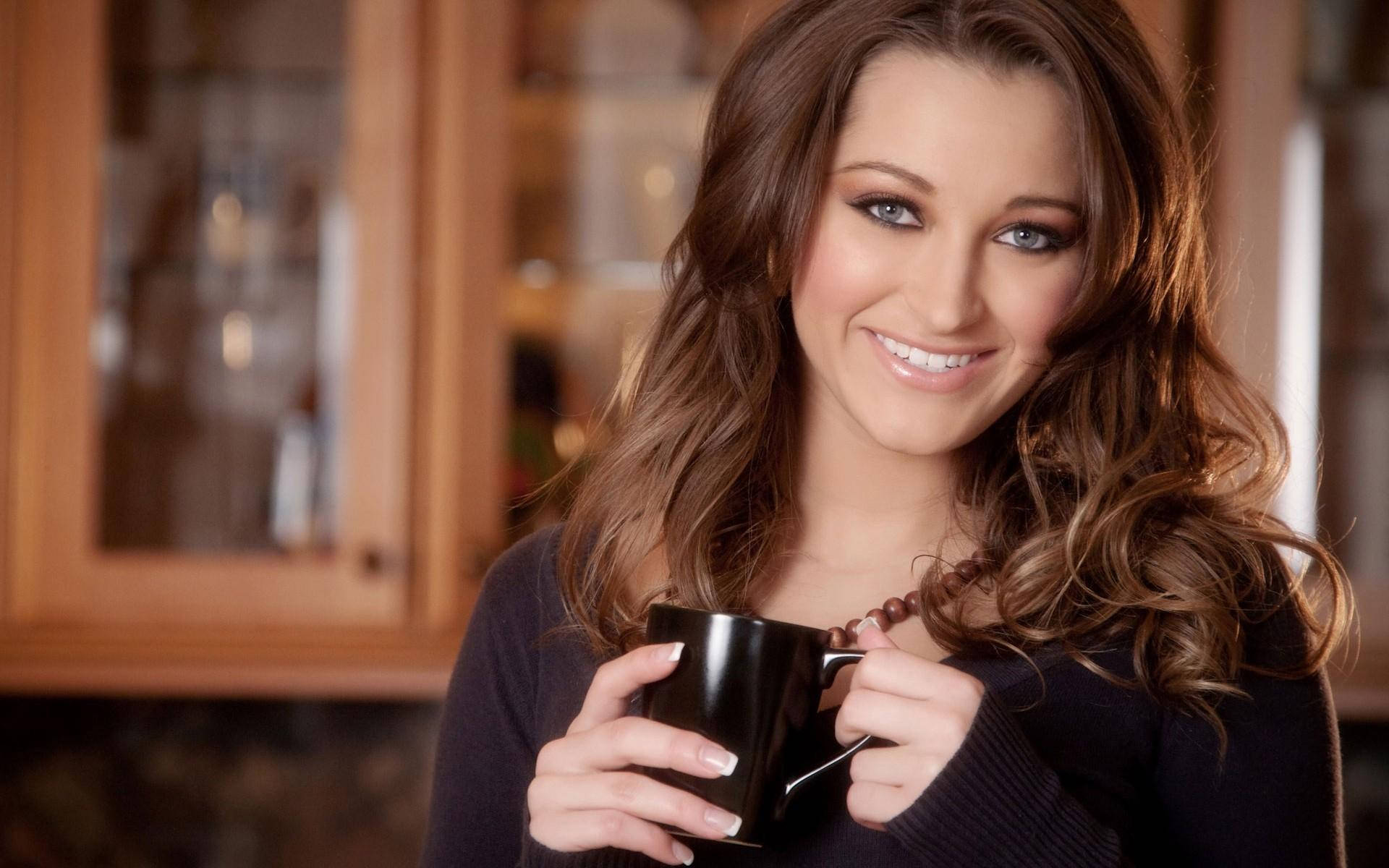 Dani Daniels, black mug, warmly lit kitchen, Full HD Desktop Wallpaper