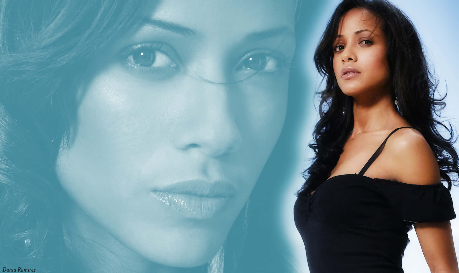 Dania Ramirez, black off-shoulder top, translucent blue-tinted portrait, Full HD Desktop Wallpaper