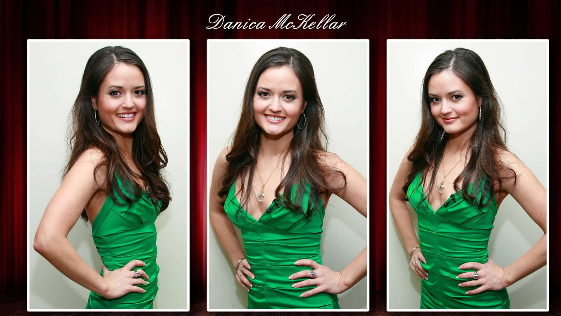 Danica McKellar, vibrant green satin dress, red curtain backdrop, Full HD Desktop Wallpaper