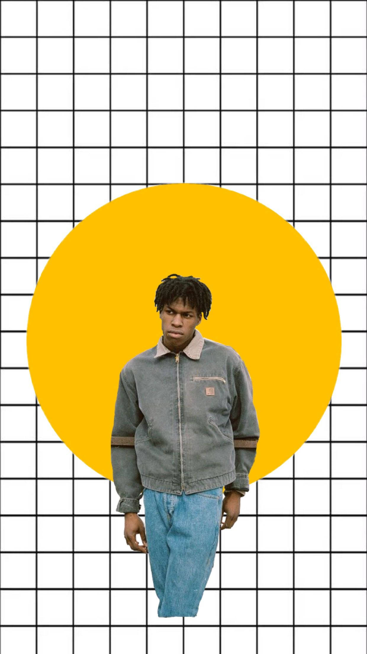 Daniel Caesar, yellow circle, black grid background, Full HD Phone Wallpaper