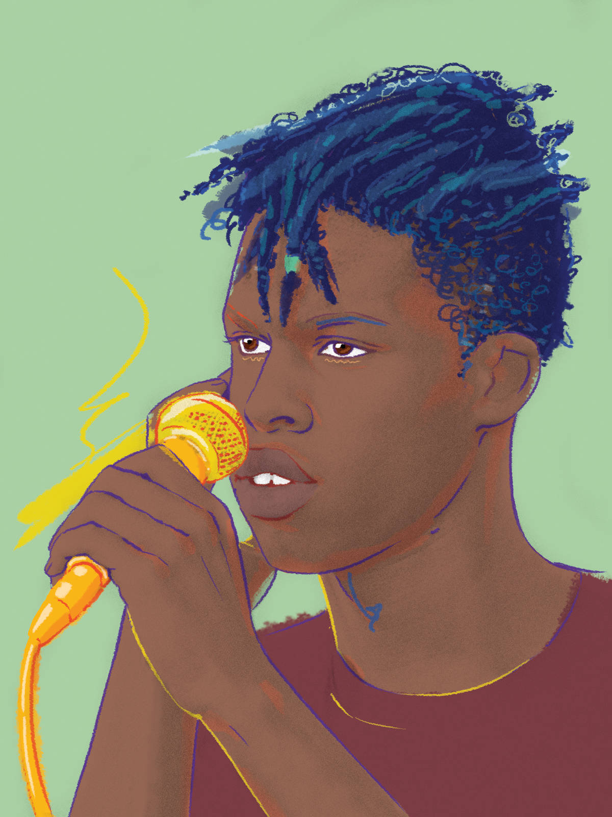 Daniel Caesar, blue hair, golden microphone, HD Phone Wallpaper