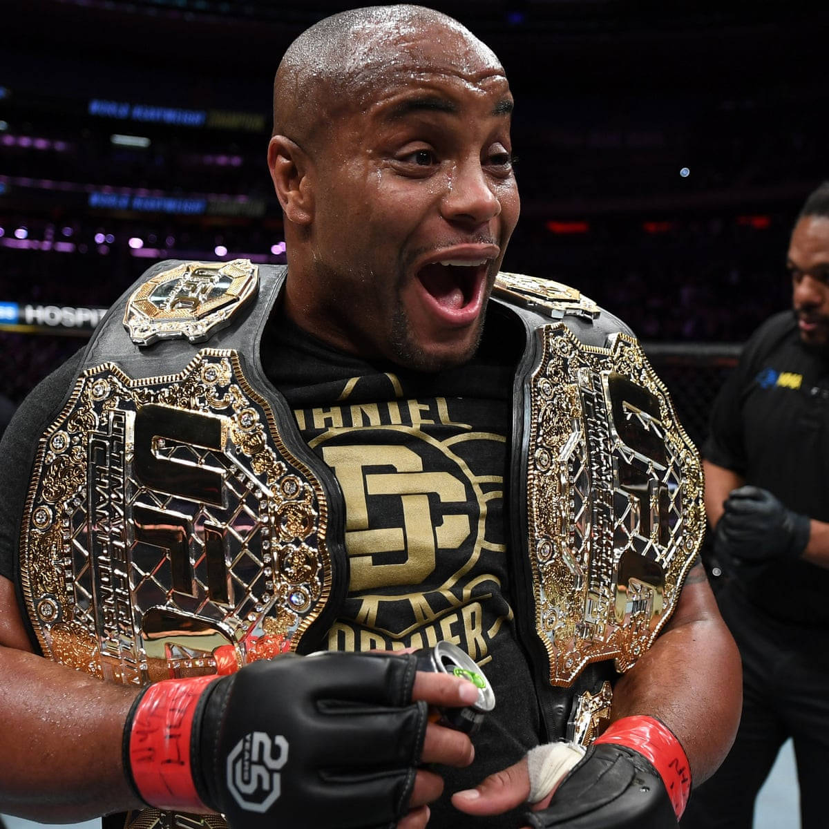 Daniel Cormier, championship belt, brightly lit arena, SD Desktop Wallpaper