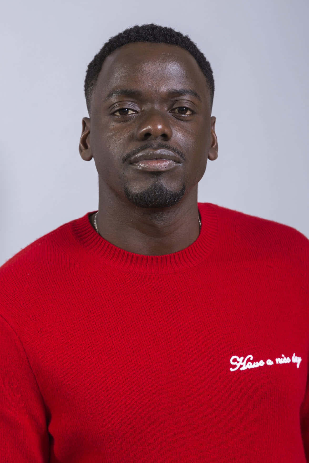 Daniel Kaluuya, red sweater, white embroidery, HD Phone Wallpaper