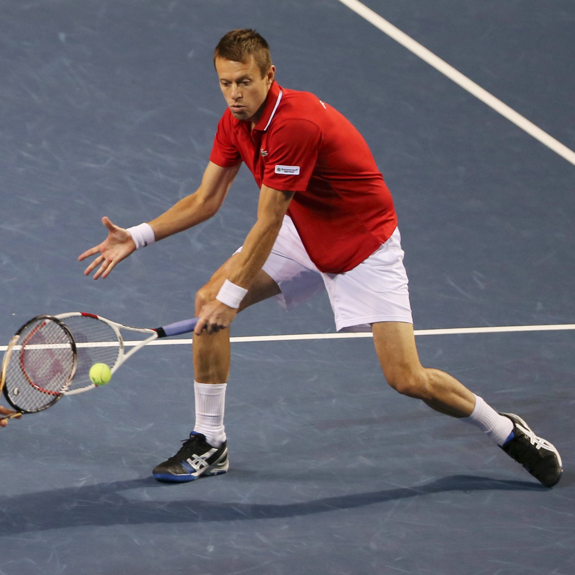 Daniel Nestor, red shirt, white shorts, HD Desktop Wallpaper