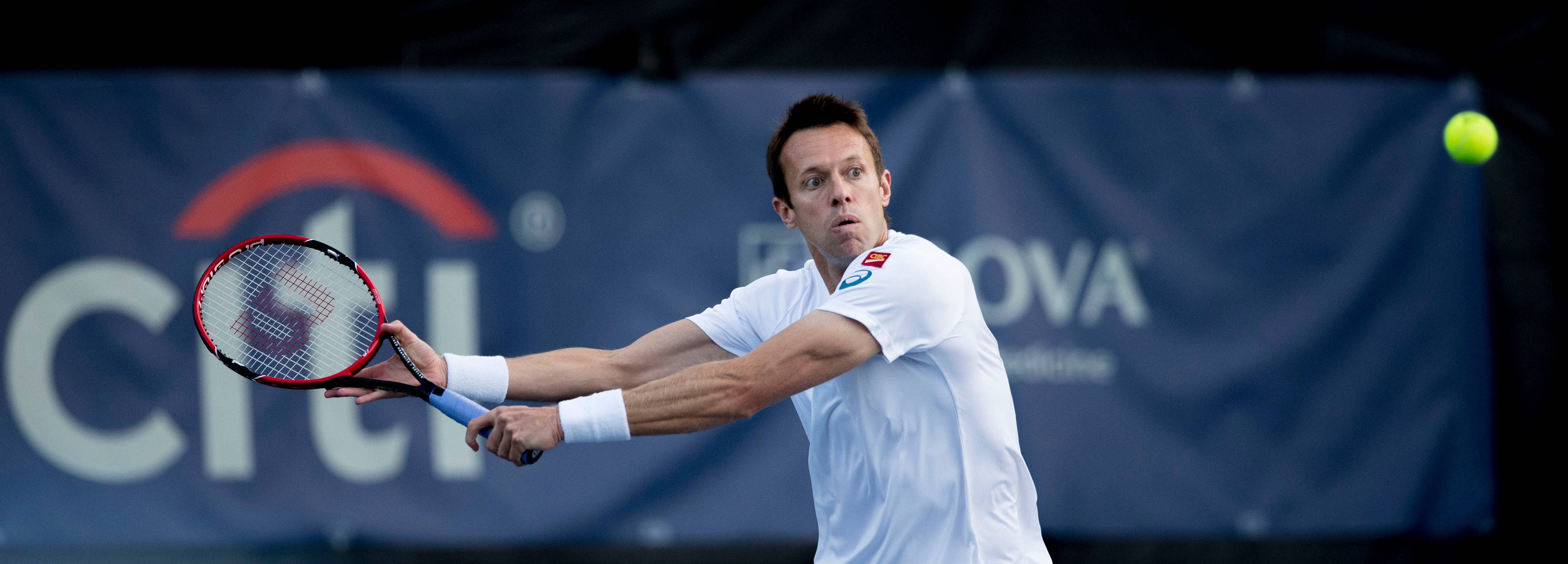 Daniel Nestor, red racket, yellow ball, 5K Desktop Wallpaper