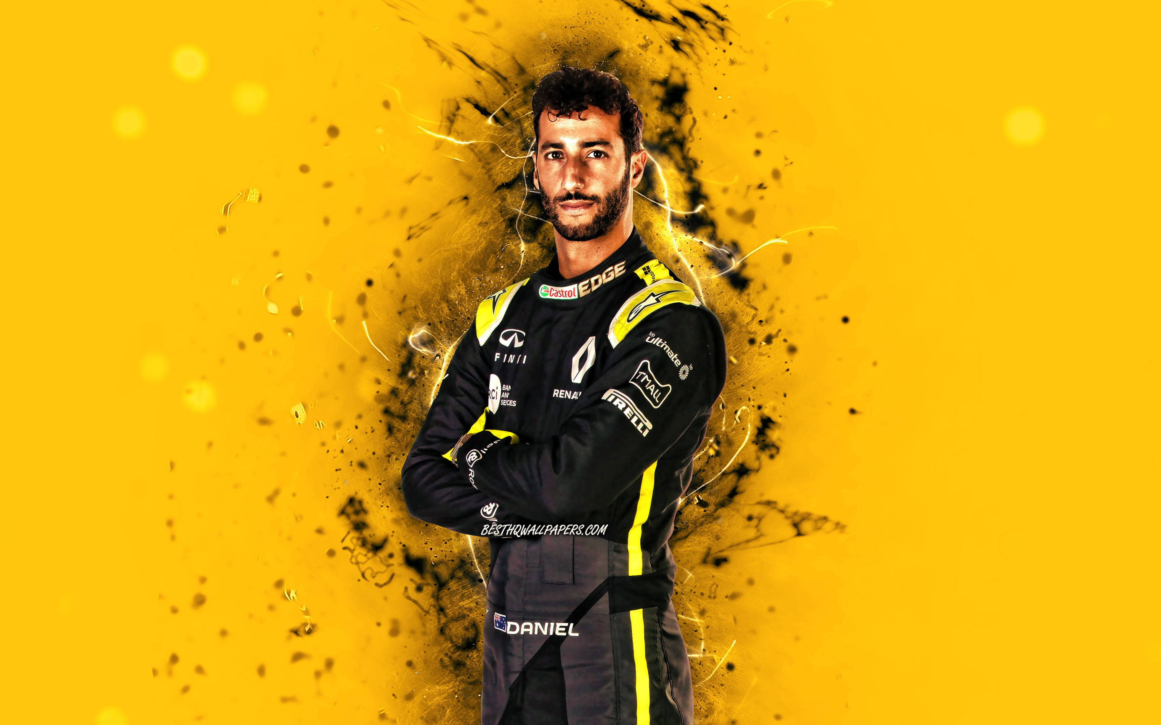 Daniel Ricciardo, black and yellow suit, vibrant yellow background, 4K Desktop Wallpaper