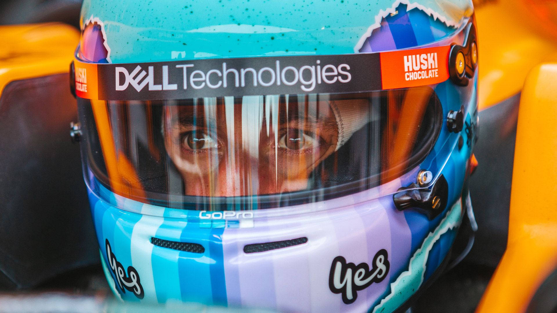 Daniel Ricciardo, vibrant blue and orange helmet, sponsor logos, Full HD Desktop Wallpaper