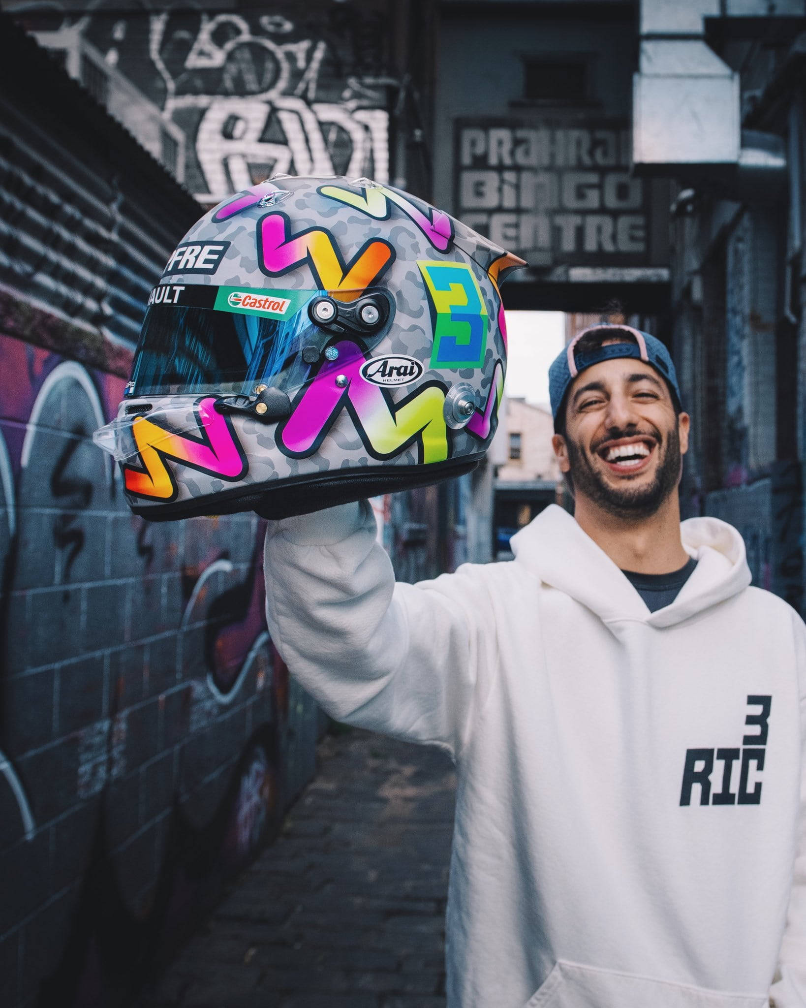 Daniel Ricciardo, white hoodie, vibrantly painted racing helmet, Full HD Phone Wallpaper