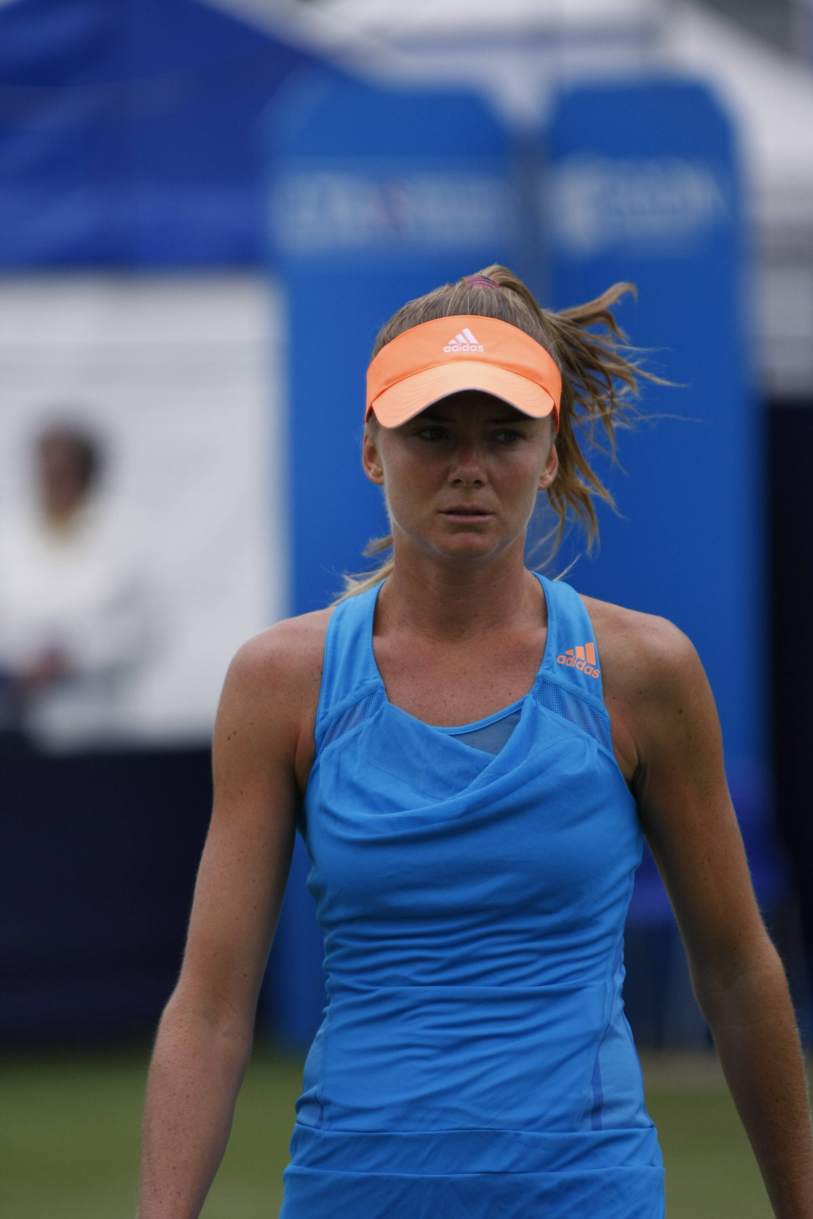 Daniela Hantuchova, blue athletic gear, orange visor, 4K Phone Wallpaper