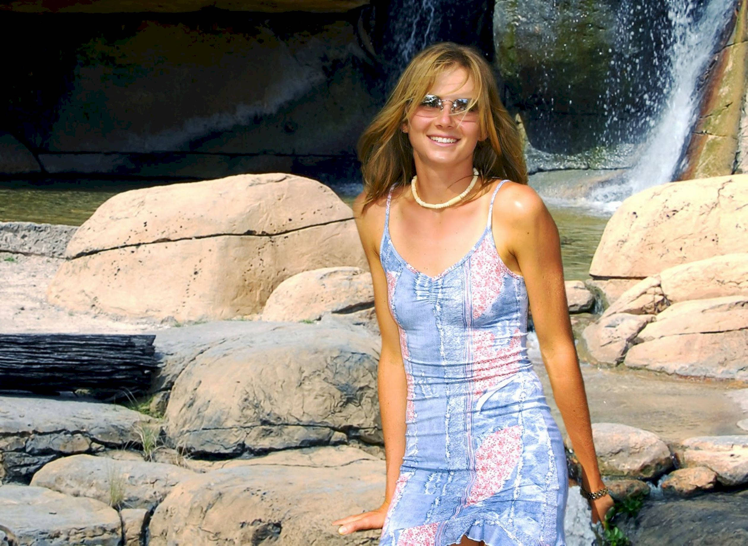 Daniela Hantuchova, blue patterned dress, cascading waterfall, Full HD Desktop Wallpaper