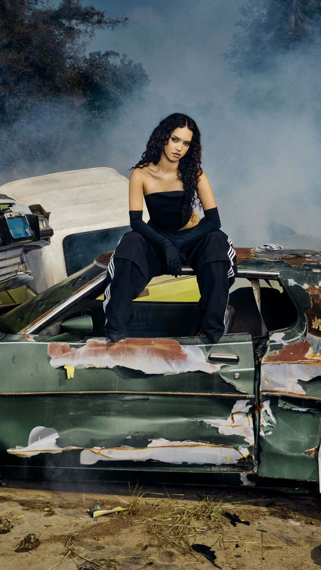 Daniela Katseye, black athletic wear, rusted green wrecked car, Full HD Phone Wallpaper