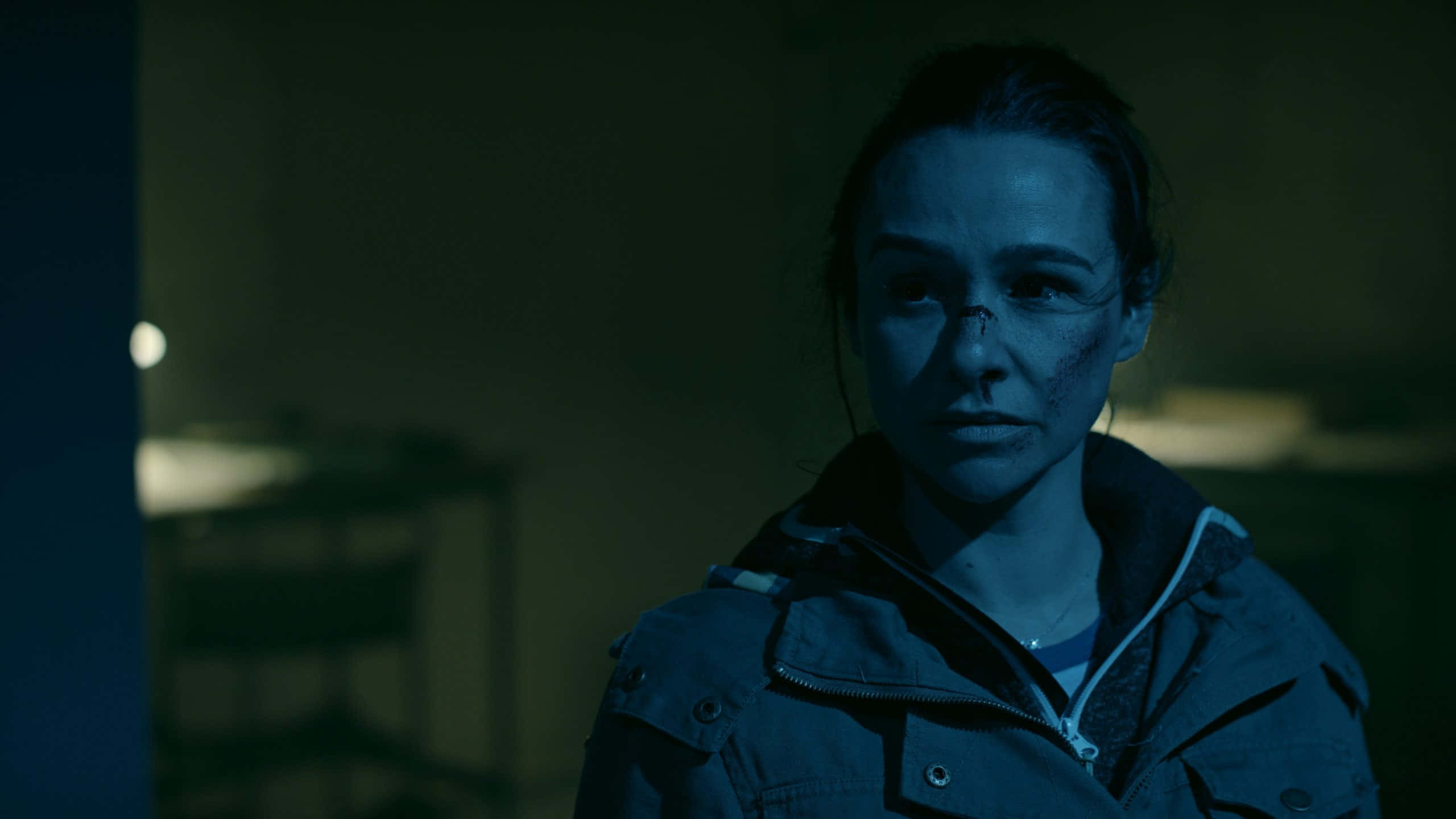 Danielle Harris, dimly lit room, cool blue light, 2K Desktop Wallpaper