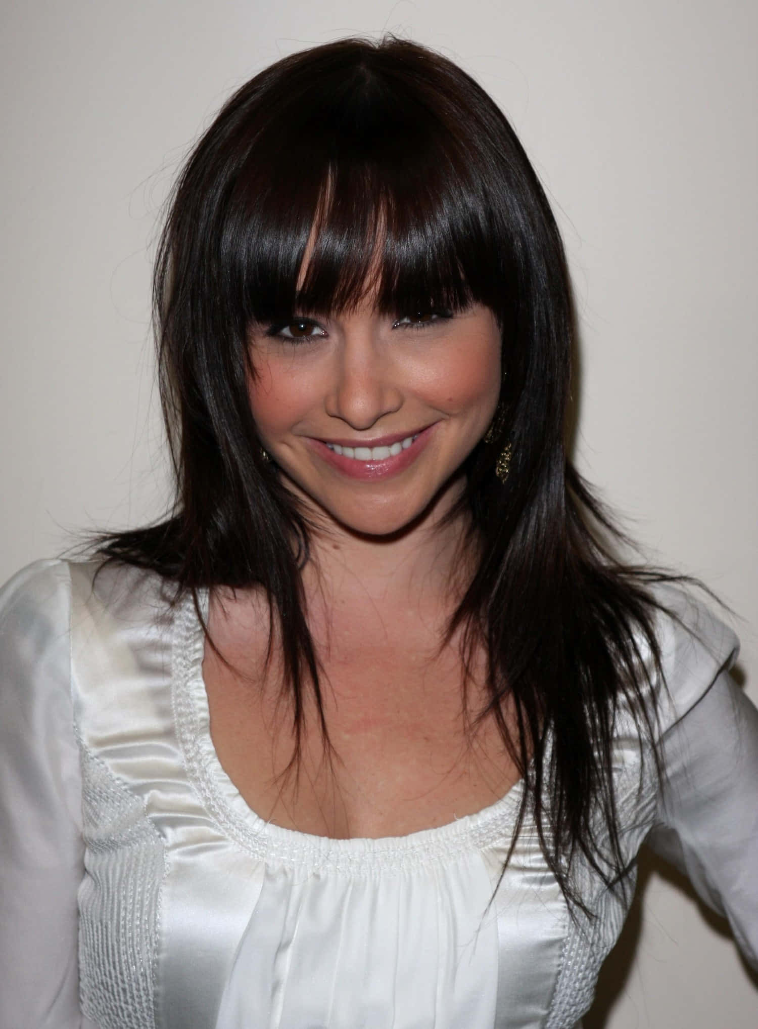 Danielle Harris, white satin top, dark hair, Full HD Phone Wallpaper