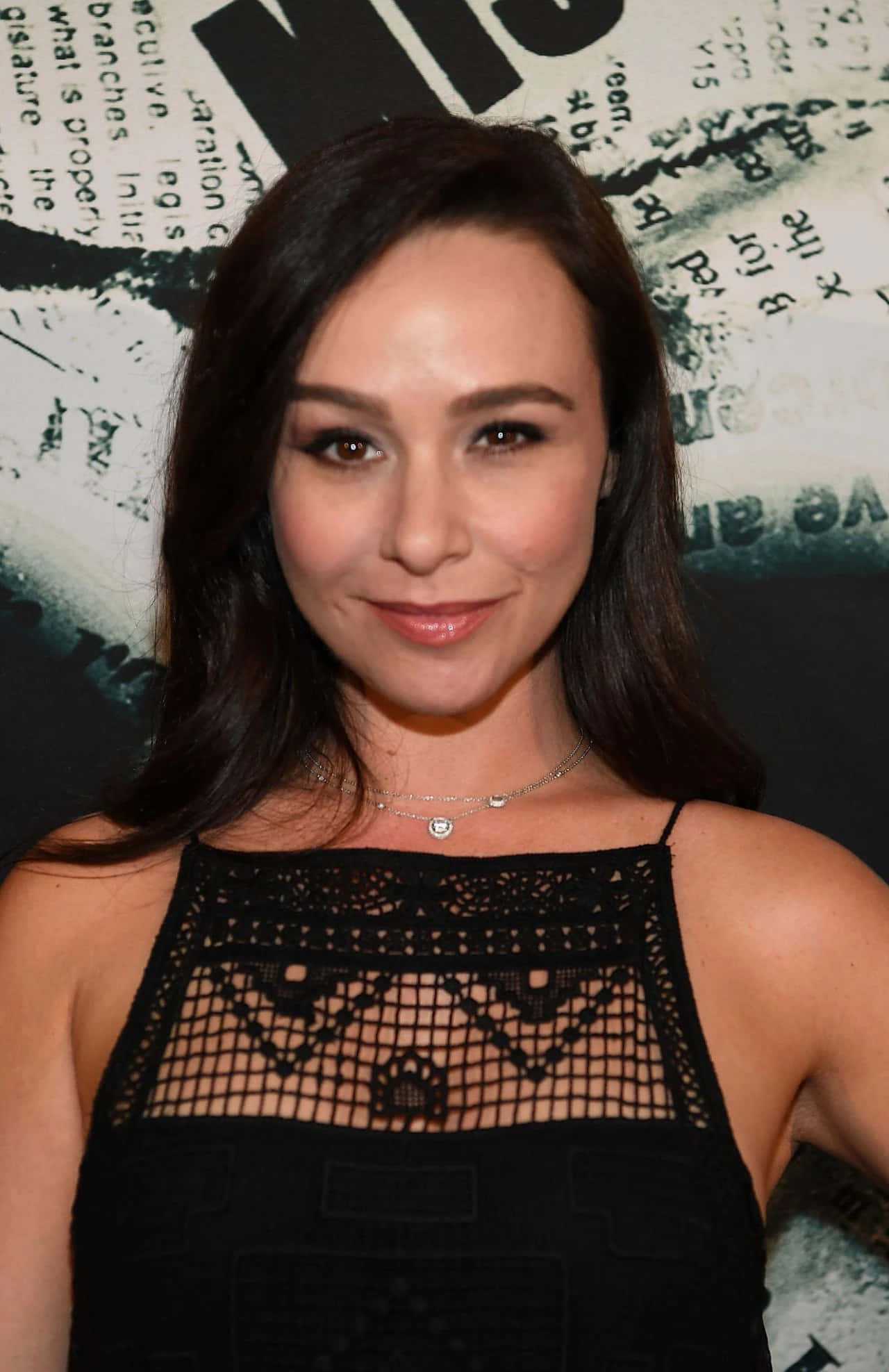Danielle Harris, black lace top, fragmented text, Full HD Phone Wallpaper