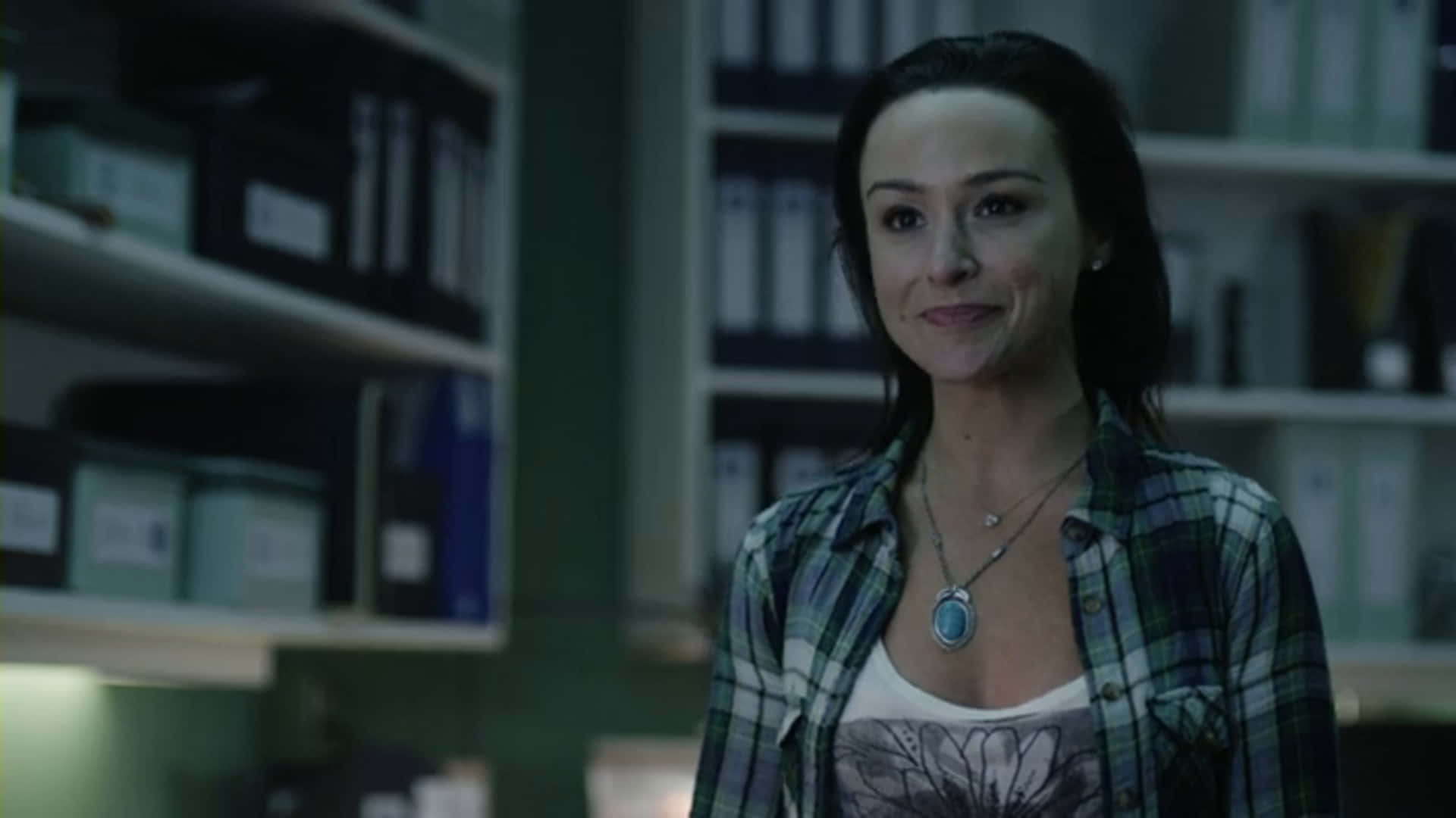 Danielle Harris, plaid shirt, dimly lit office, Full HD Desktop Wallpaper