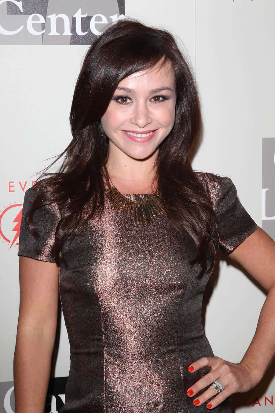 Danielle Harris, shimmering bronze dress, red nail polish, HD Phone Wallpaper