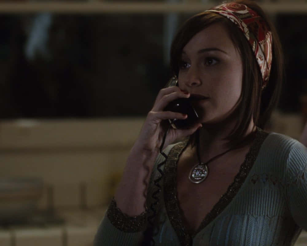 Danielle Harris, vintage black phone, patterned headscarf, SD Desktop Wallpaper
