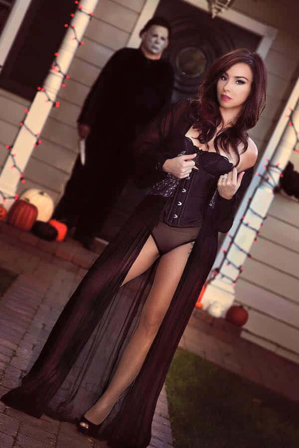 Danielle Harris, black sheer gown, porch, SD Phone Wallpaper