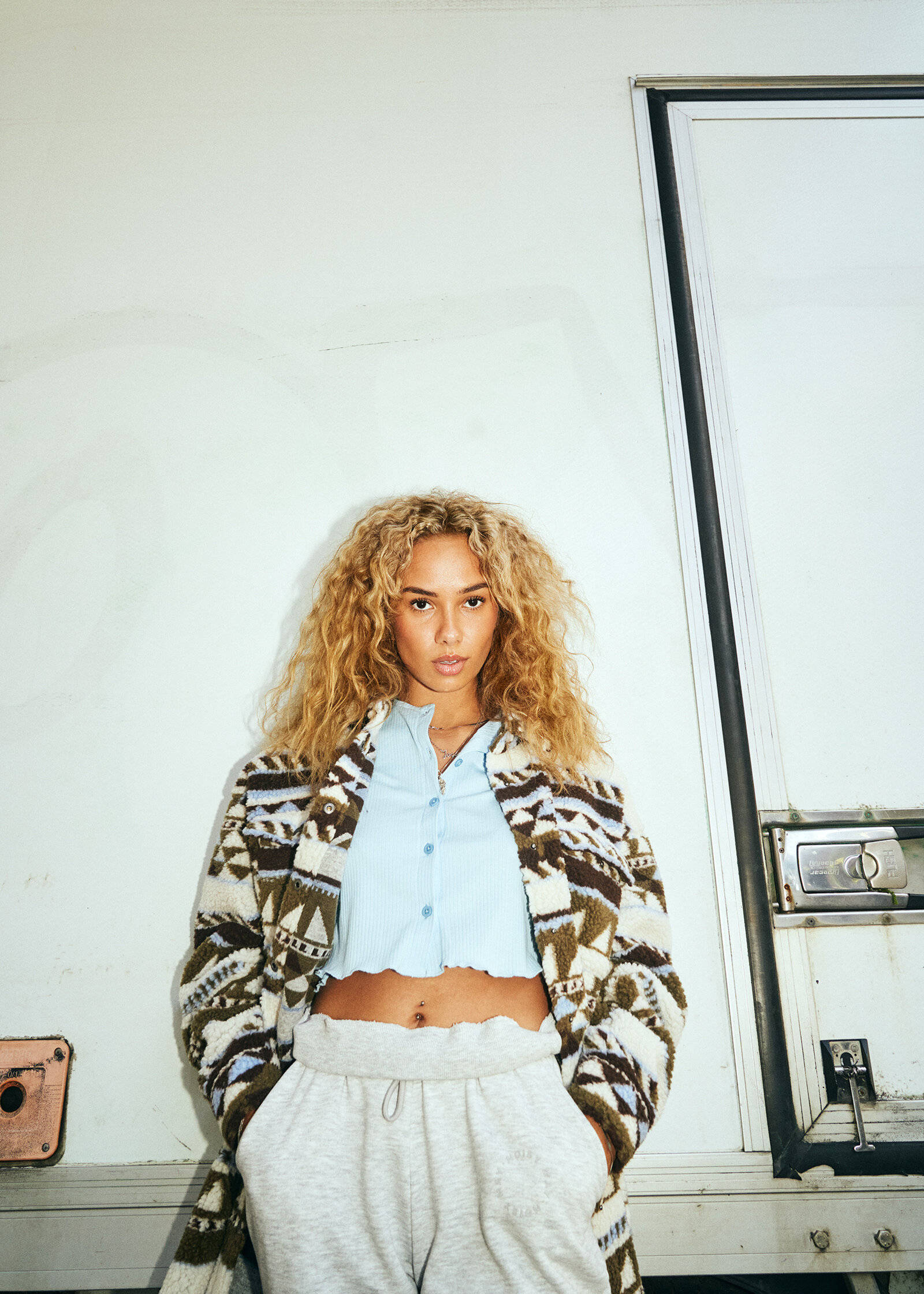 Danileigh, curly blonde hair, patterned cardigan, Full HD Phone Wallpaper