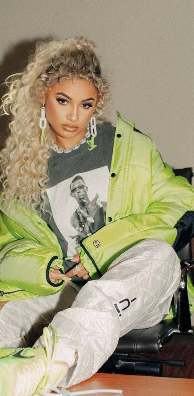 Danileigh, neon green puffer jacket, silver pants, HD Phone Wallpaper
