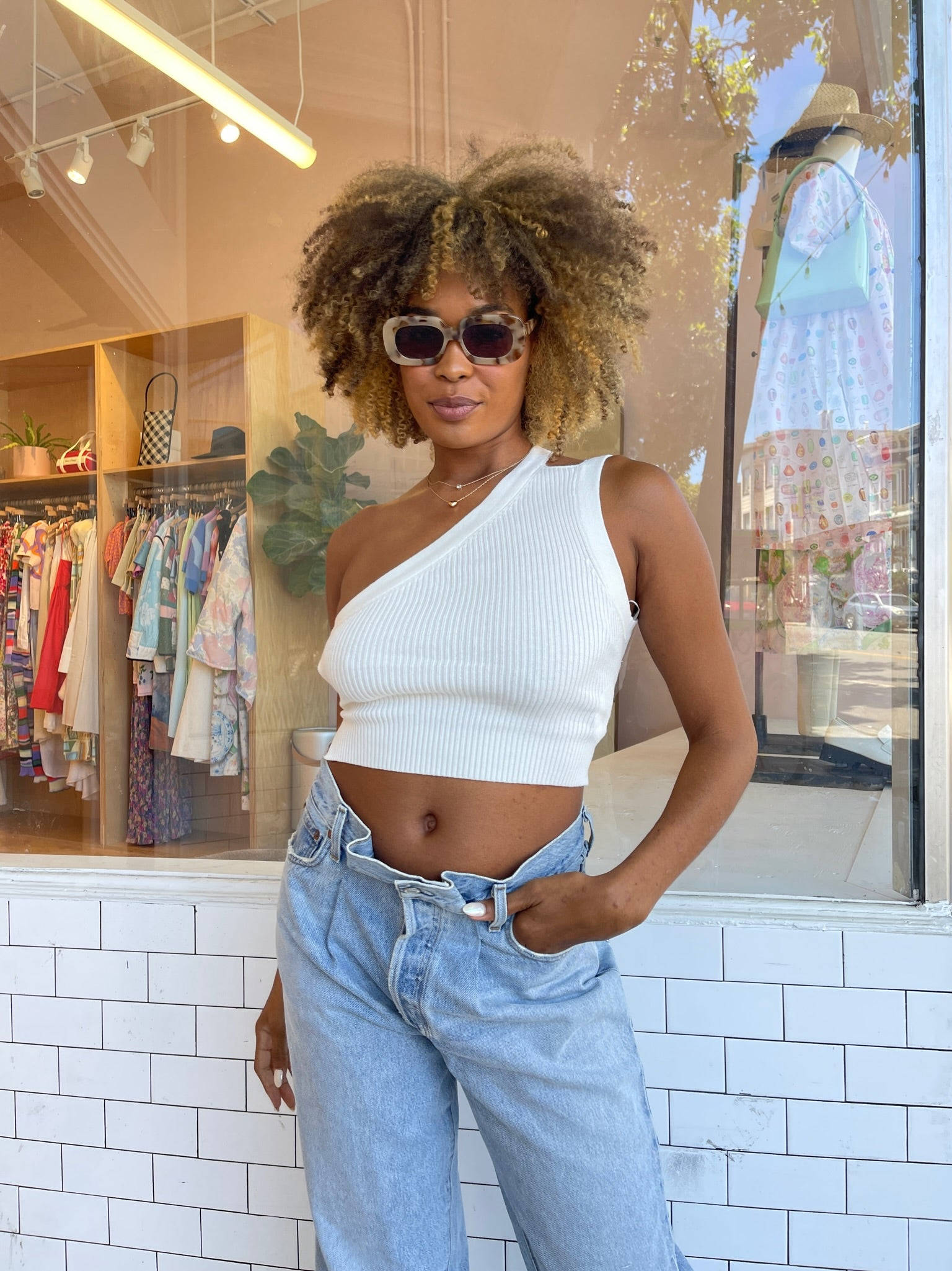 Danileigh, white one-shoulder crop top, high-waisted jeans, Full HD Phone Wallpaper