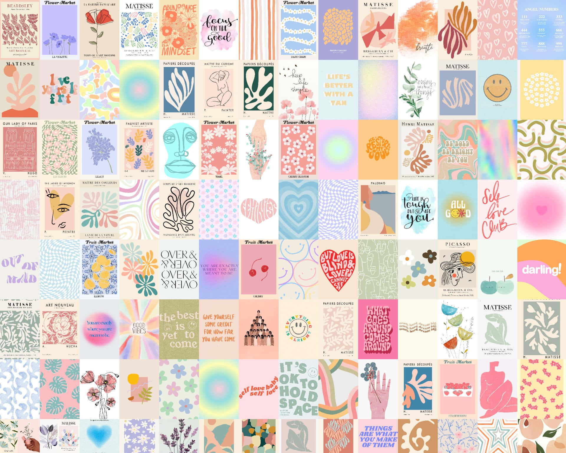 Danish Aesthetic, pastel-colored patterned tiles, floral motifs, Full HD Desktop Wallpaper