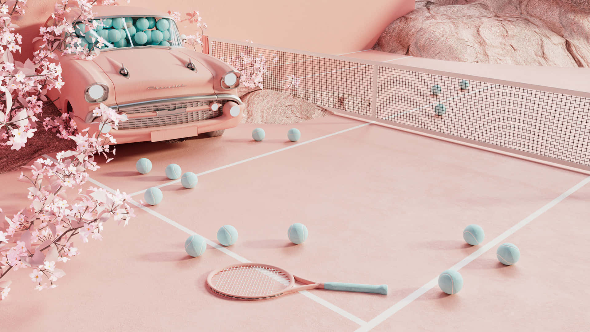 pastel pink vintage car, pink tennis court, cherry blossoms, Full HD Desktop Wallpaper