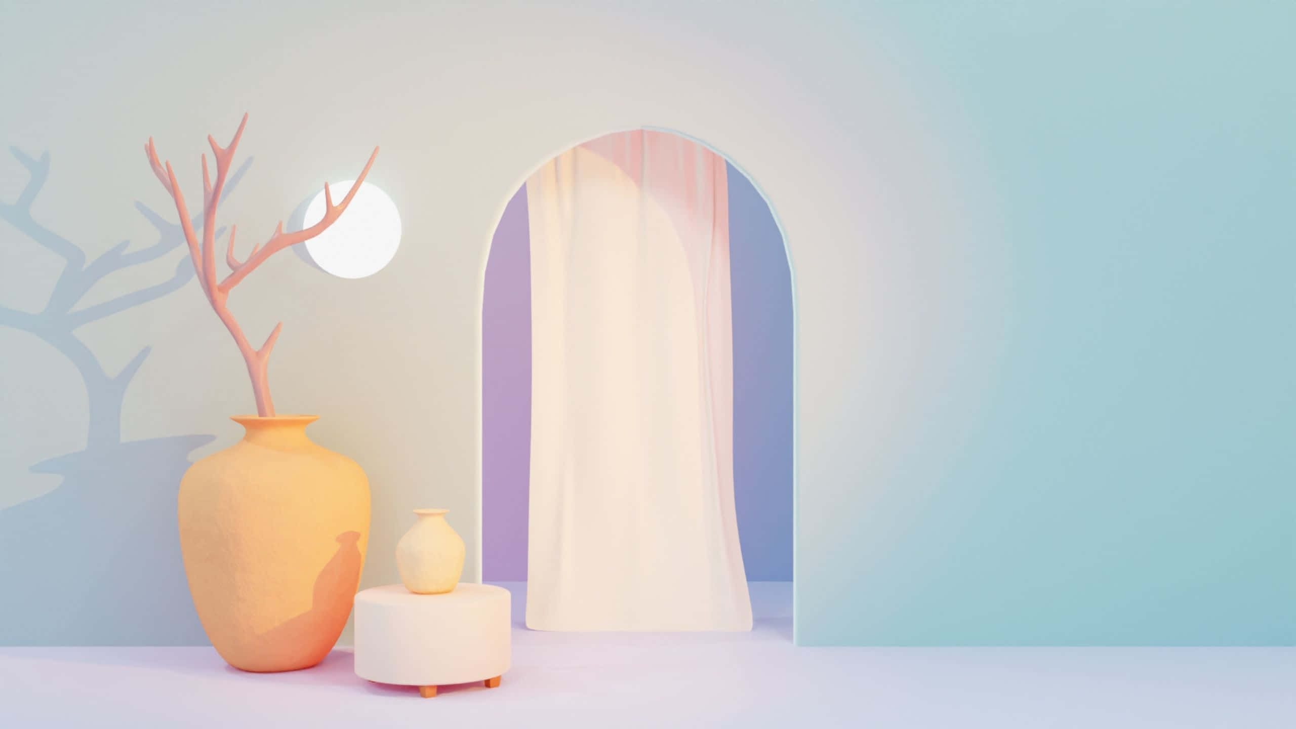 Danish Aesthetic, pastel walls, arched doorway, 2K Desktop Wallpaper