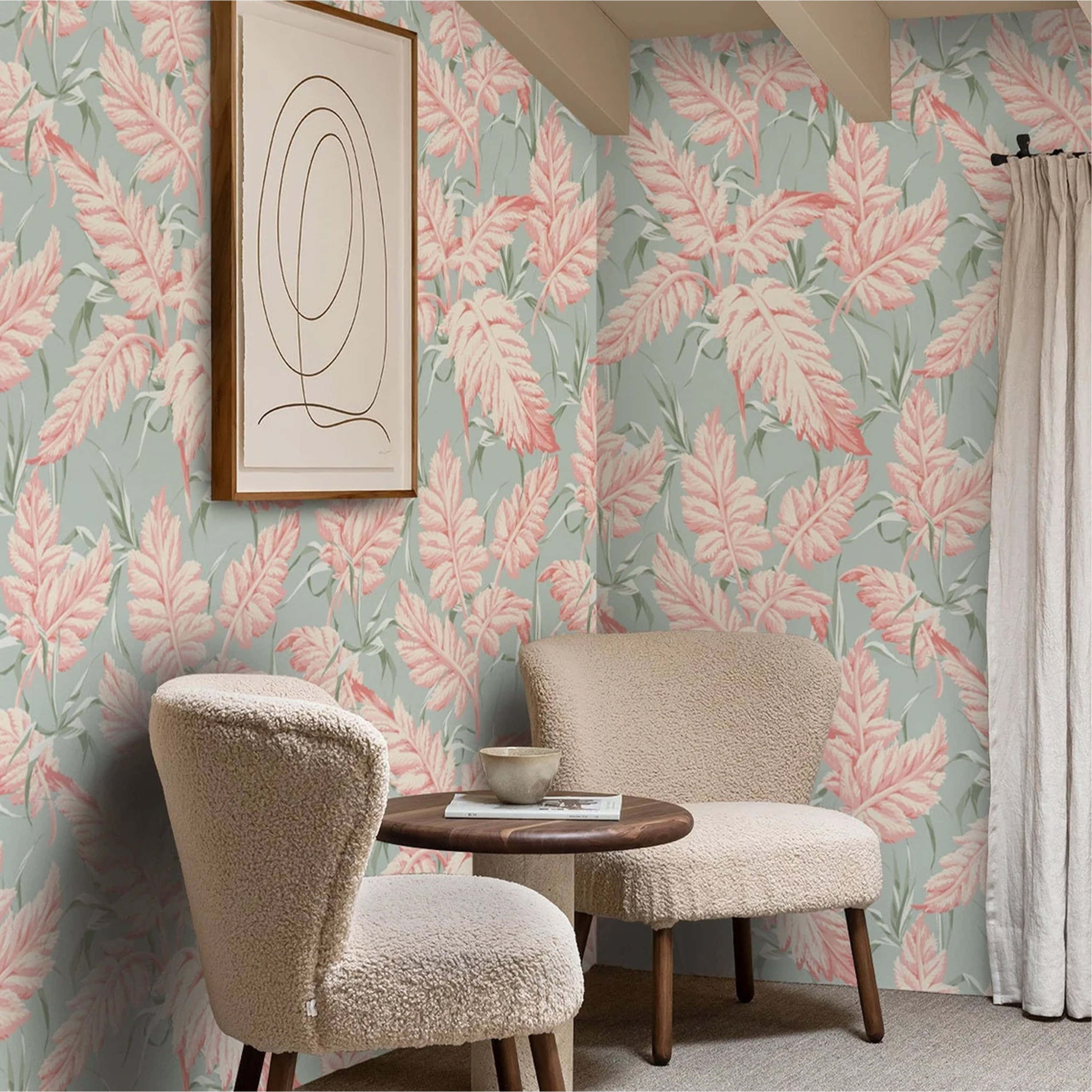 Danish Aesthetic, fluffy chairs, wooden table, 2K Desktop Wallpaper