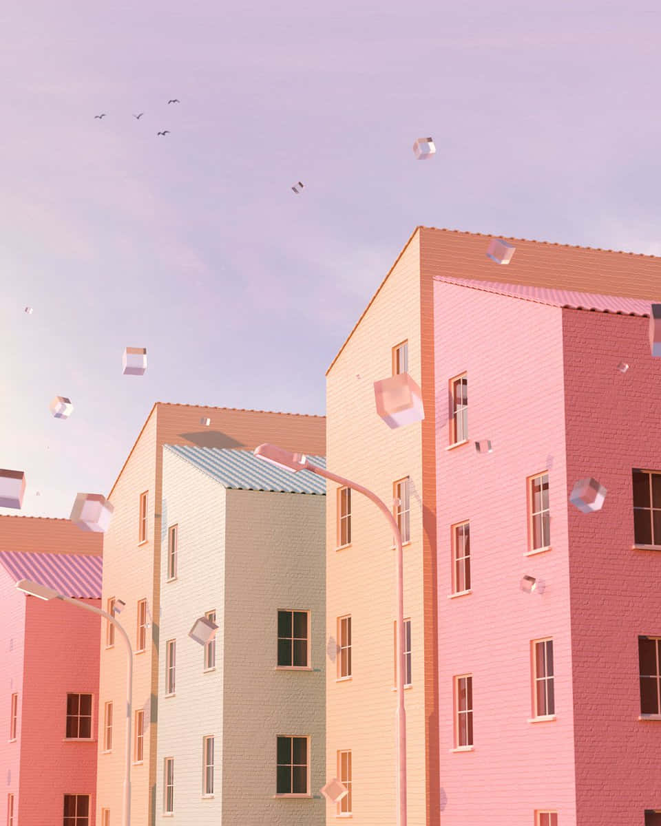 Danish Aesthetic, pastel-colored apartment buildings, floating cubes, SD Phone Wallpaper