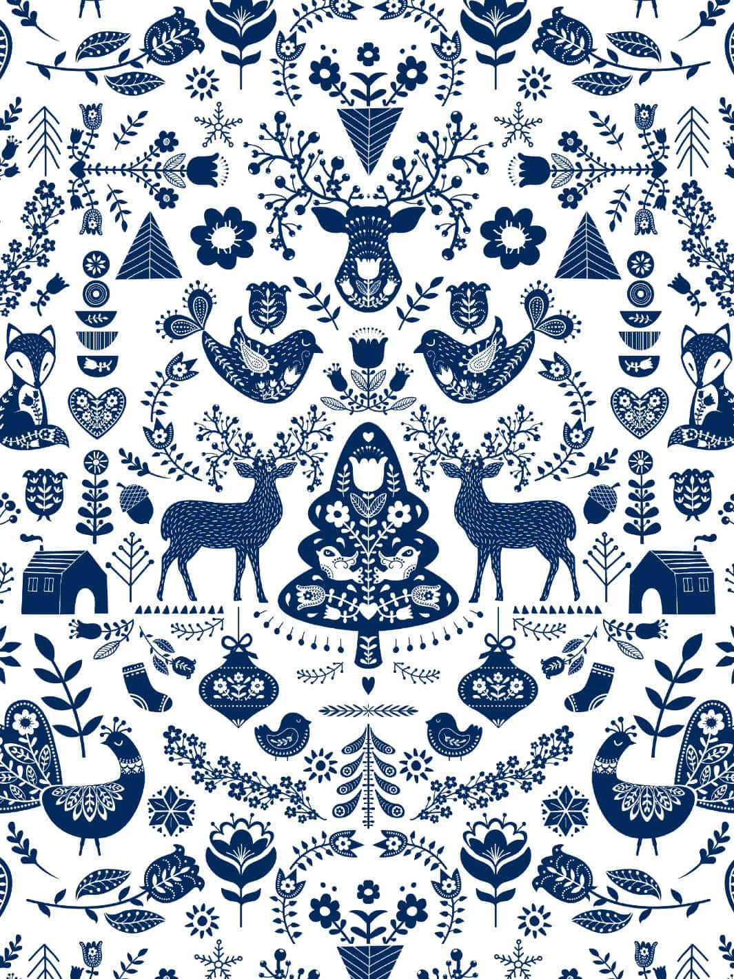 Scandinavian folk art style, blue and white pattern, stylized deer, HD Phone Wallpaper