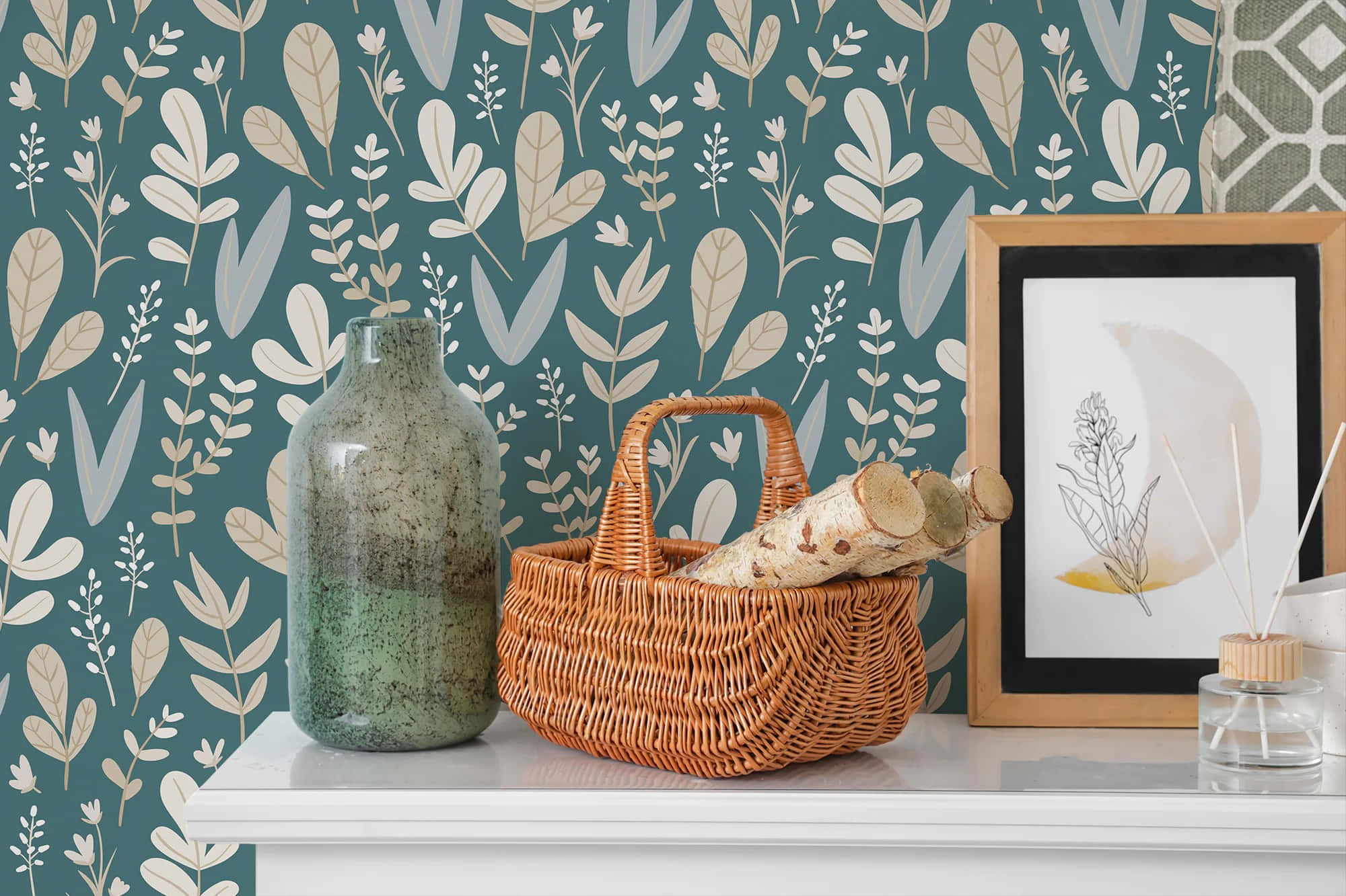 Scandinavian style interior decor, white shelf, wicker basket, Full HD Desktop Wallpaper