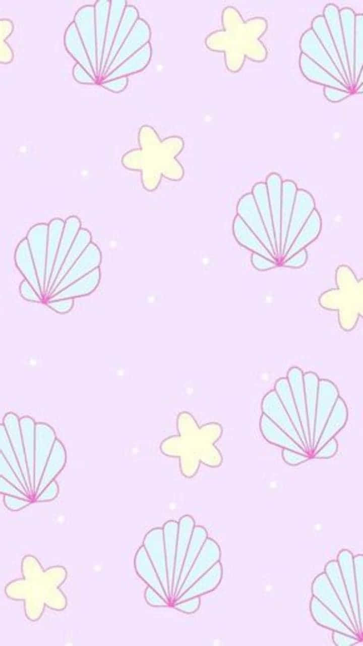 pastel pink background, light blue seashells, pale yellow starfish, HD Phone Wallpaper