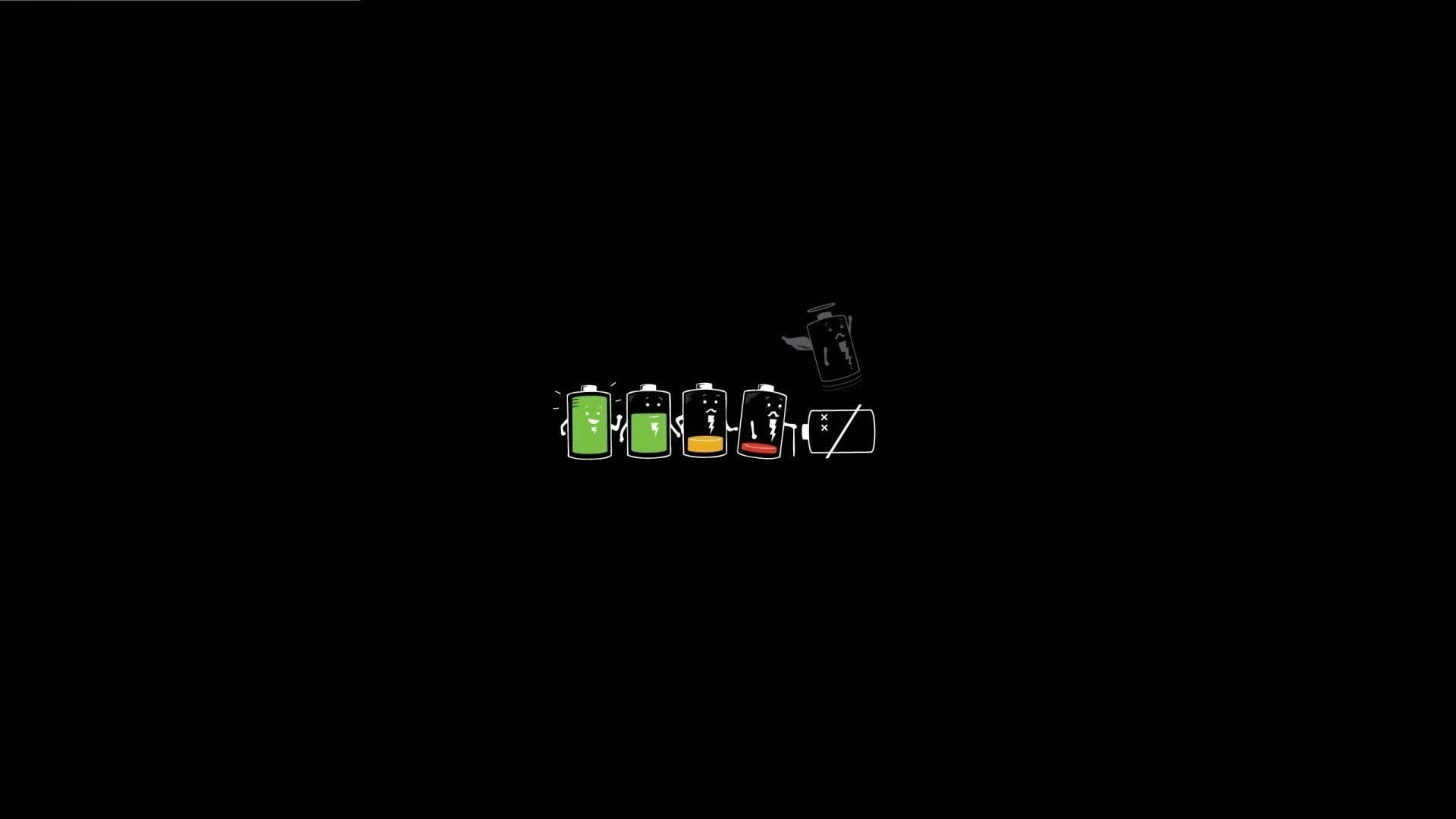 phone battery icons, cartoon batteries with faces, black background, 8K Desktop Wallpaper