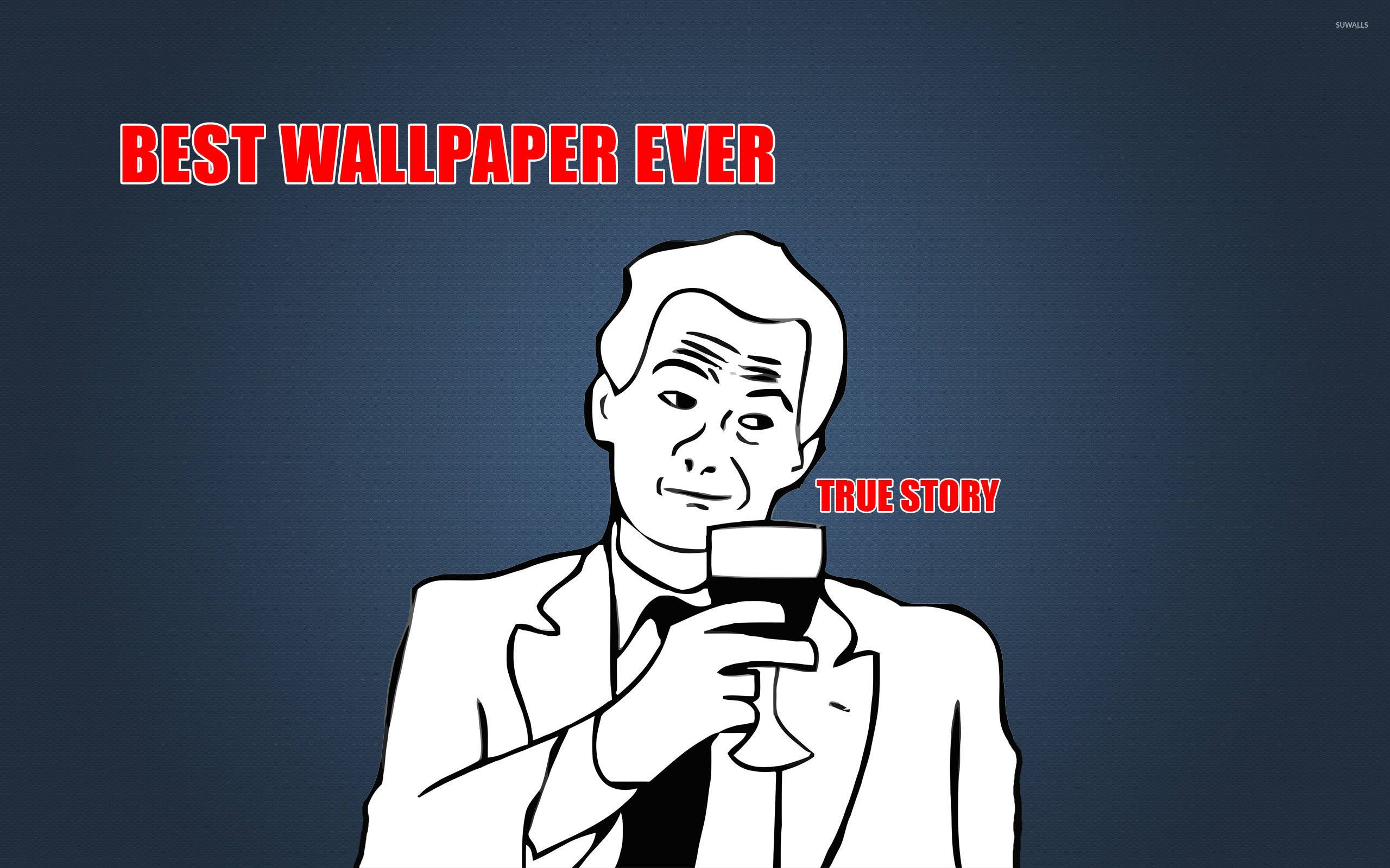 cartoon man in a suit, wine glass, bold red text, 2K Desktop Wallpaper