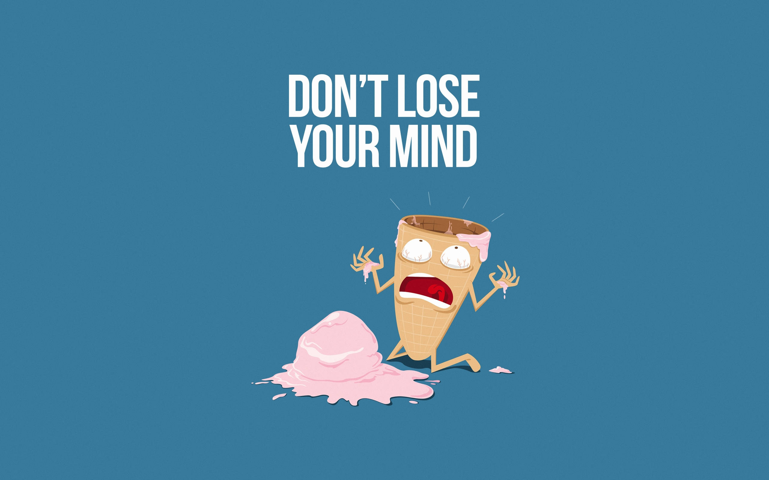 ice cream cone, panicked expression, melting pink ice cream, 2K Desktop Wallpaper